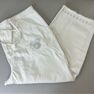 Disney Store Capri Pants Mickey Mouse Head Logo Cream Raw Hem Women Size XL